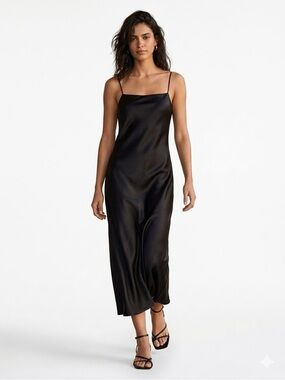 ZARA Black Satin Viscose Slip Dress  Long Sleeveless Sz M  Midi